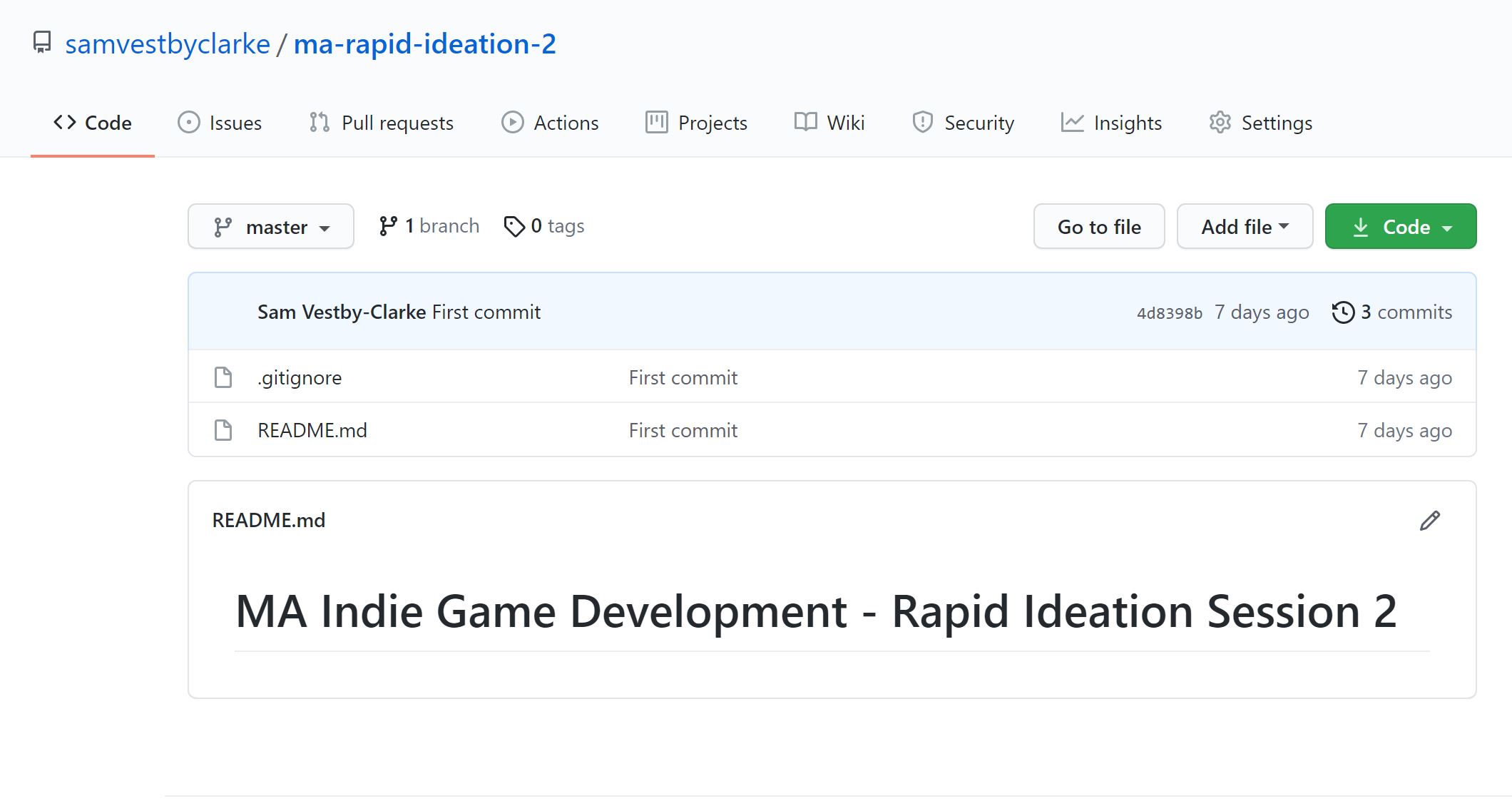 Figure 2: Rapid Ideation 2 Github Repo with Unity .gitignore (Sam Vestby-Clarke, 2021)